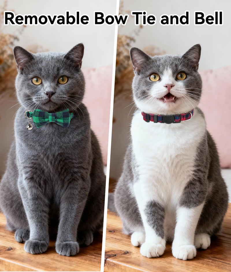 Joytale Upgraded Cat Collar with Bells, Breakaway Cat Collars with Bow Tie, 2 Pack Girl Boy Safety Plaid Kitten Collars, Green+Red - Image 2